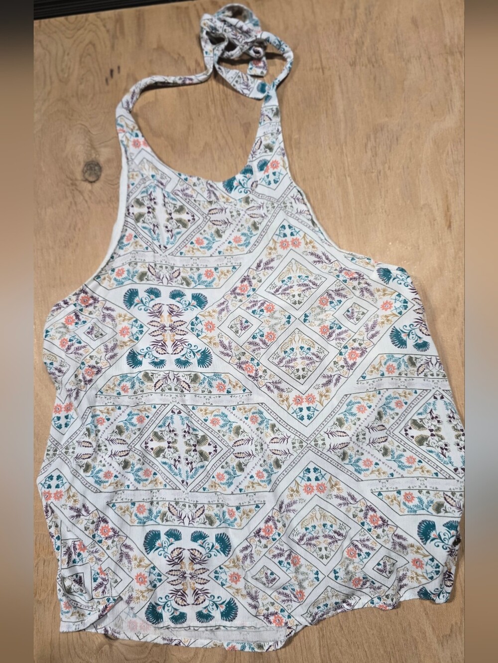 Roxy White Halter Top with Teal & Coral Print